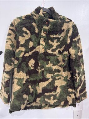 Mud Pie Camouflage Sherpa Pullover - Green Tan Brown